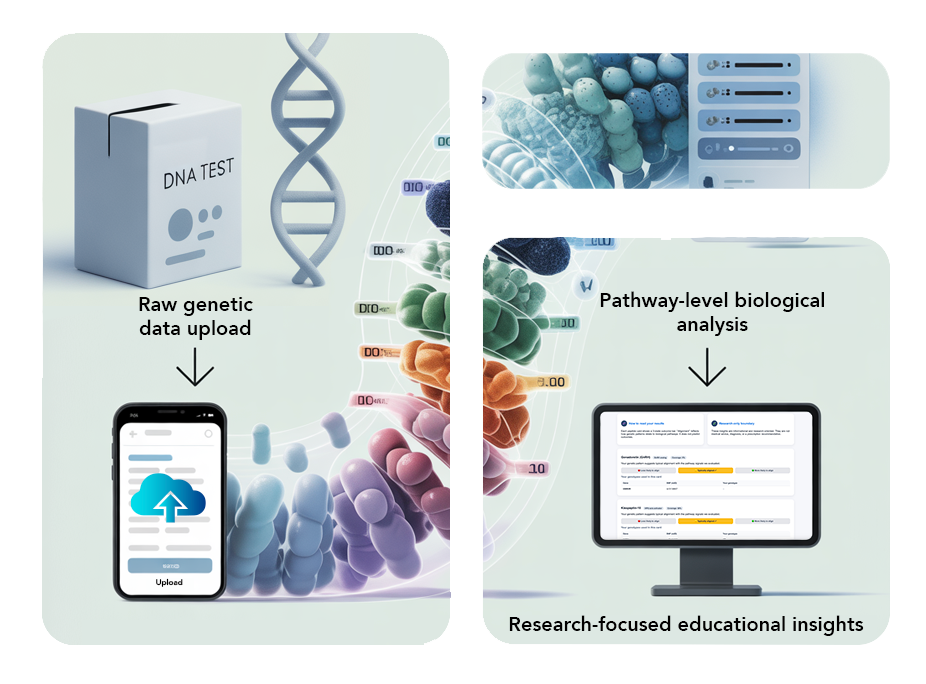 NuGenia Logics genetic data analysis workflow showing DNA data upload, pathway-level biological interpretation, and research-focused insight reports
