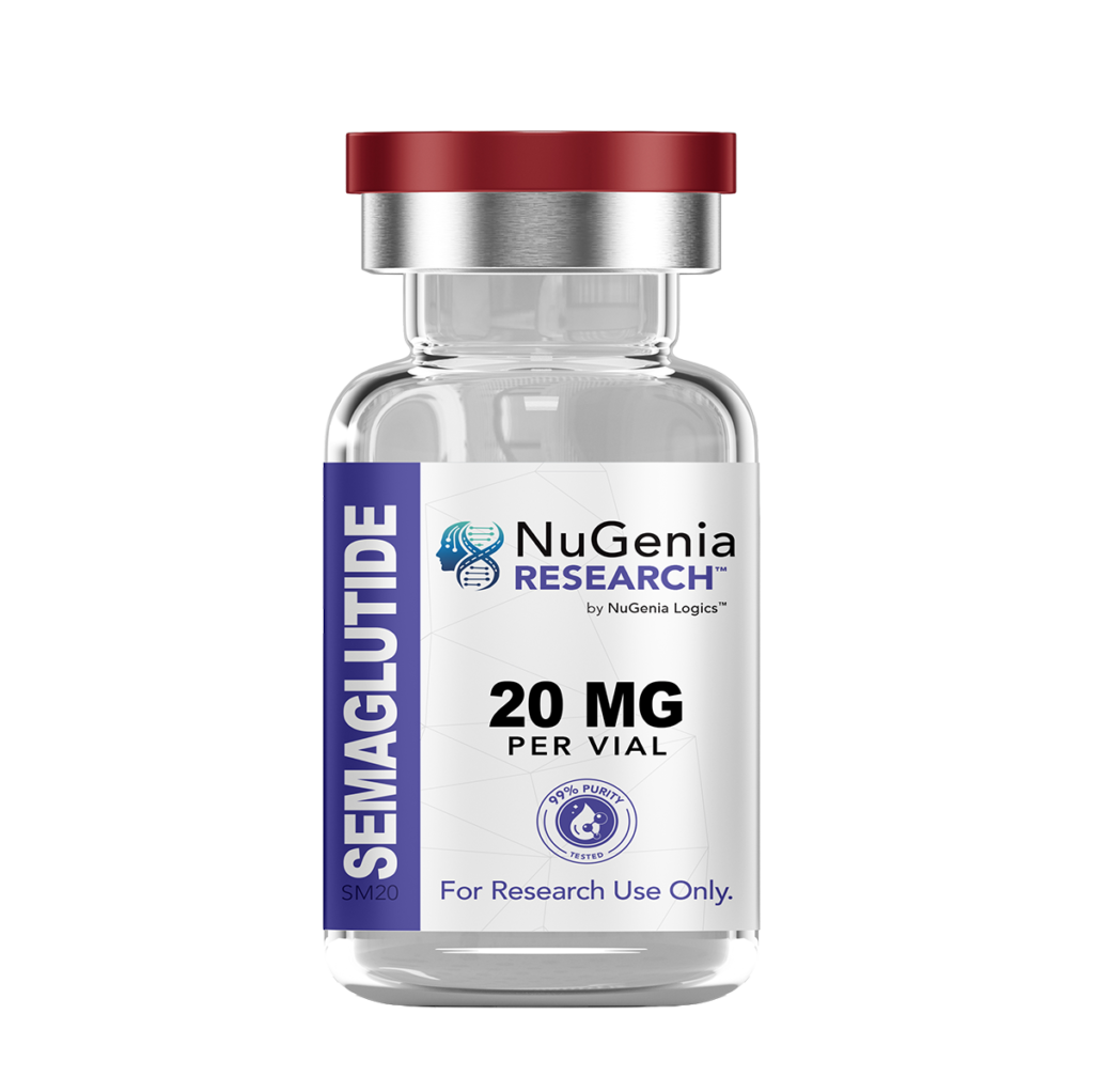 Semaglutide 20mg research peptide vial with lyophilized powder for laboratory use