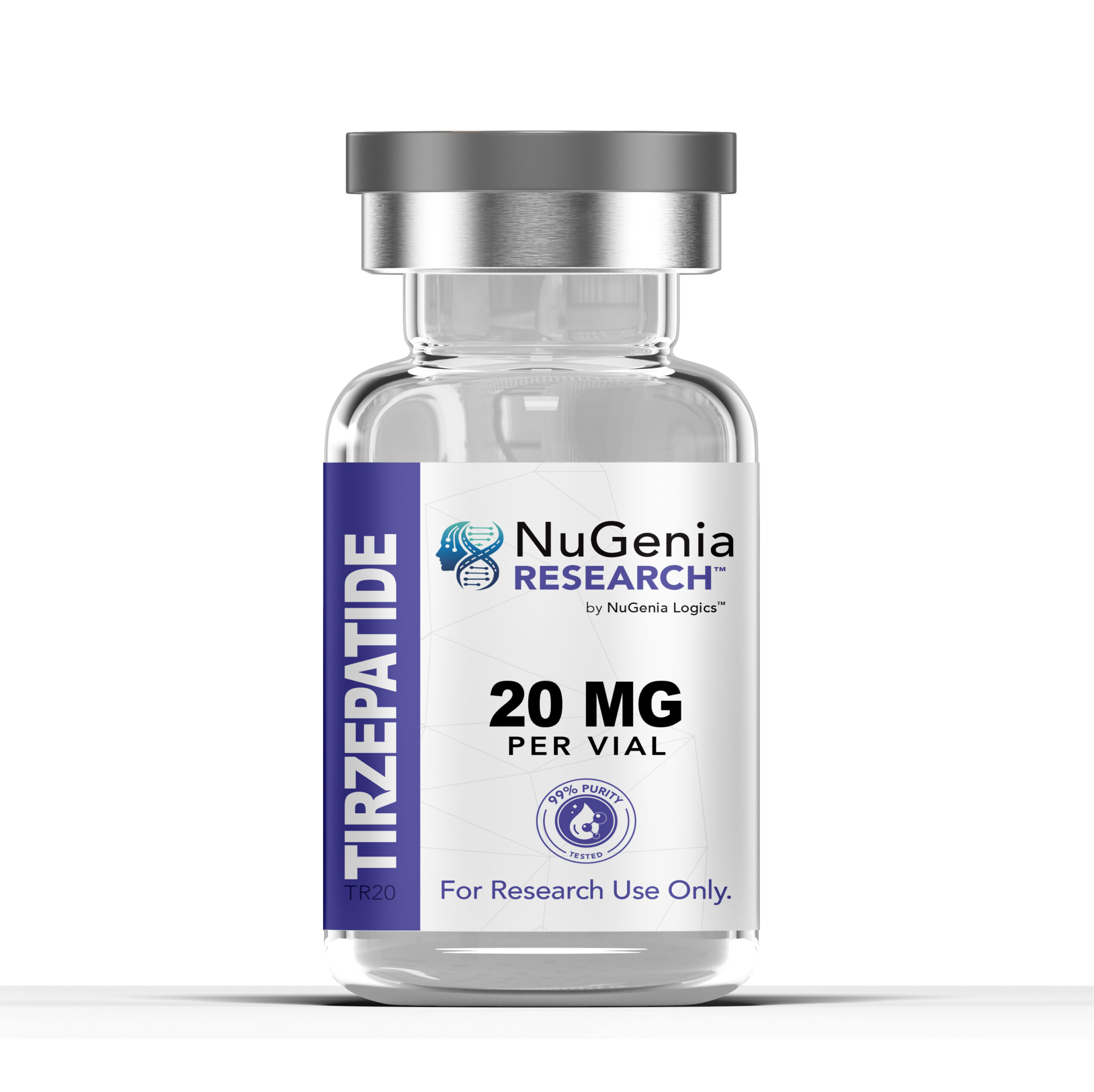 Tirzepatide 20mg research peptide vial with lyophilized powder for laboratory use