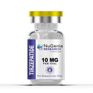 Tirzepatide 10mg research peptide vial with lyophilized powder for laboratory use