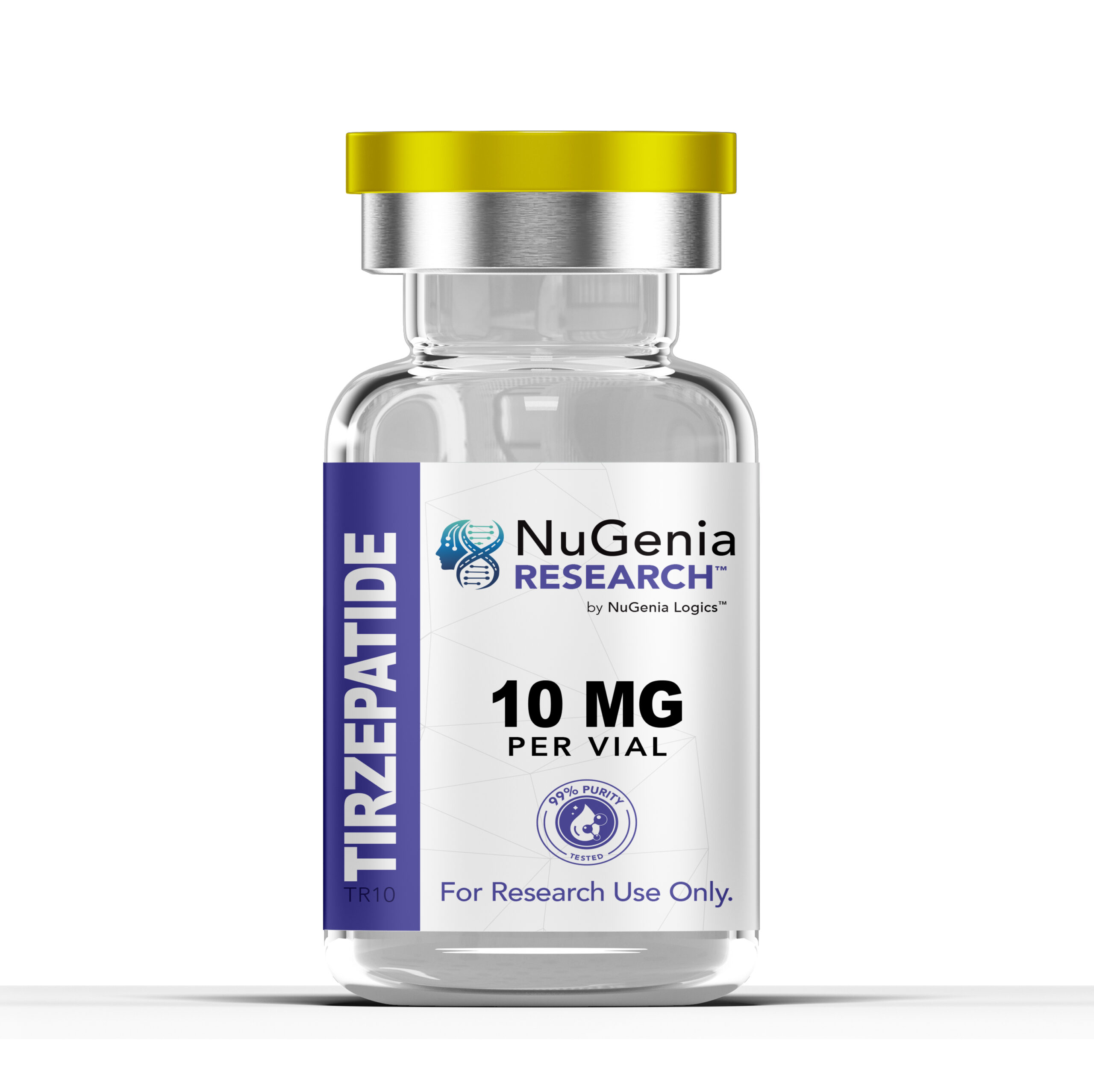 Tirzepatide 10mg research peptide vial with lyophilized powder for laboratory use