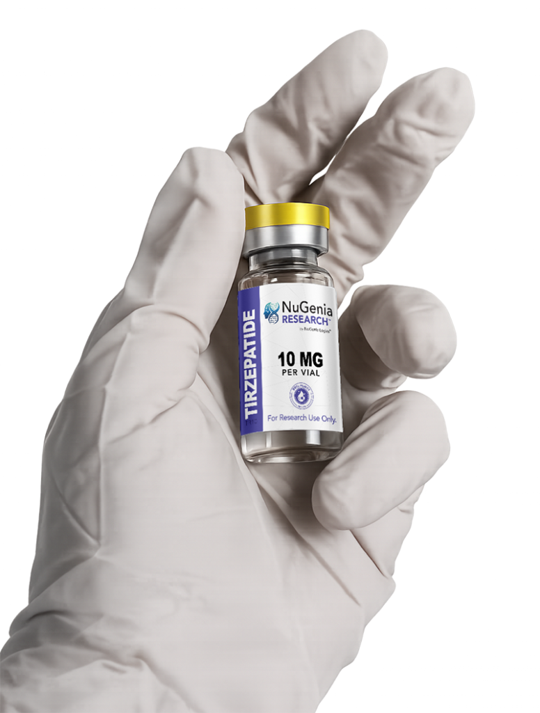 Gloved hand holding NuGenia Research Tirzepatide 10mg vial – research use only peptide product with yellow cap and lab-grade labeling