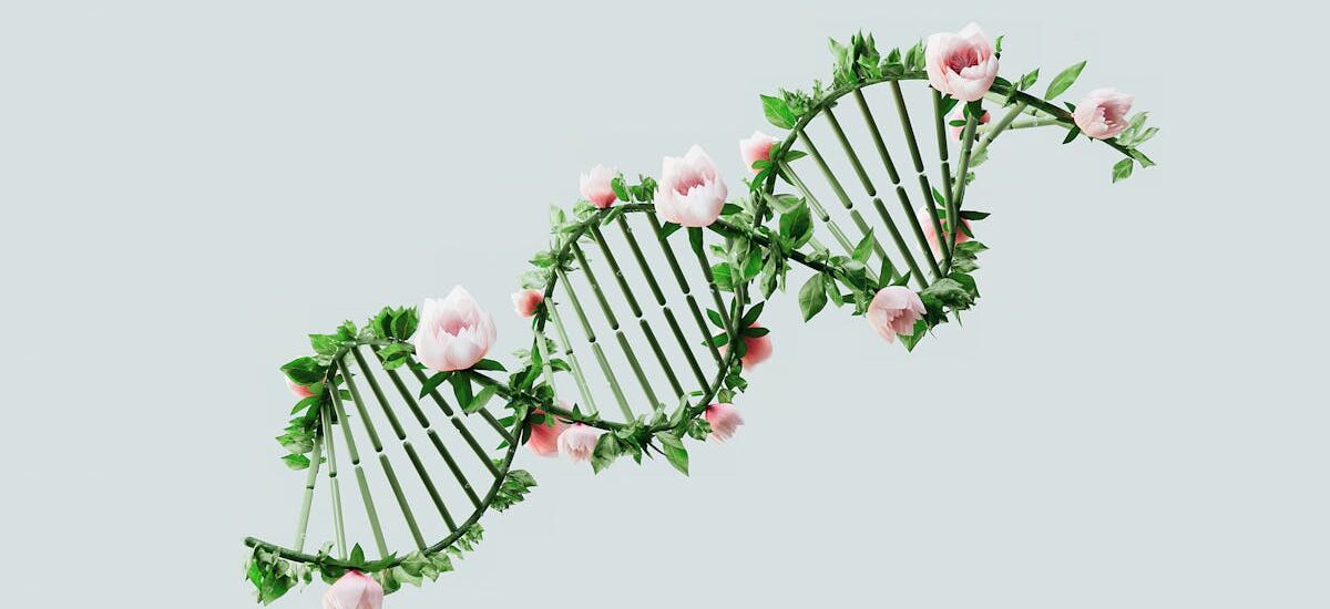 A creative representation of a DNA helix using flowers and leaves, symbolizing nature and biotechnology.
