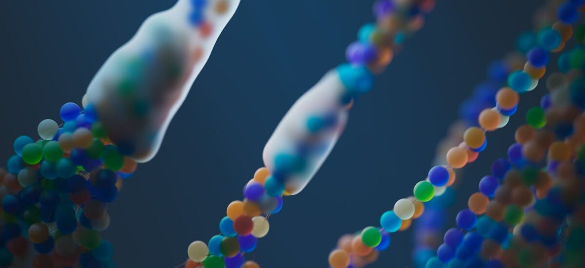 Close-up of a colorful abstract representation of DNA strands, illustrating science and genetics.