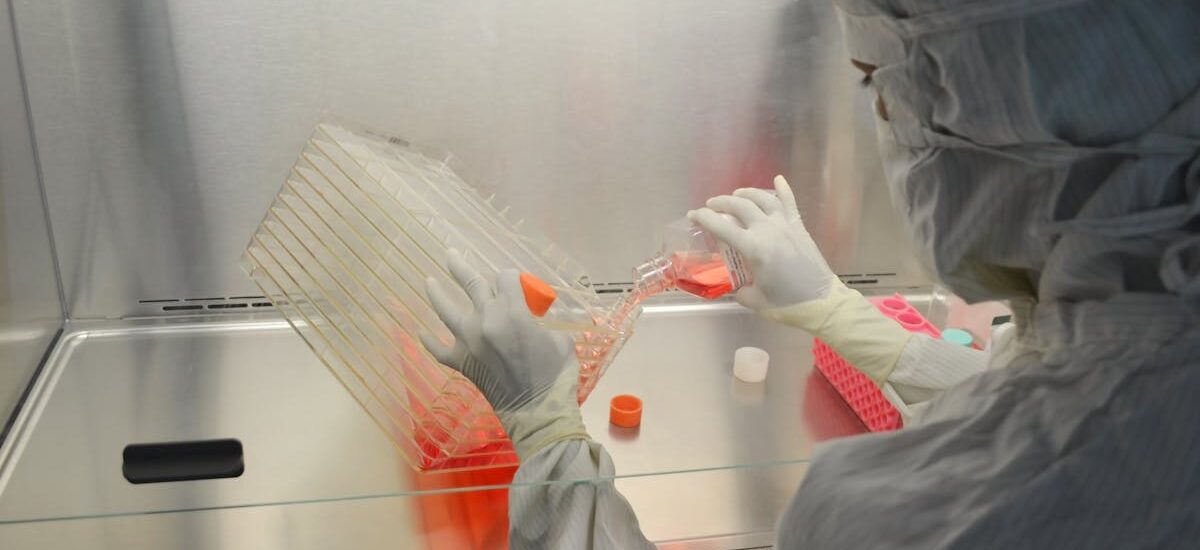 A scientist in full protective gear working in a laboratory on research with cell cultures.