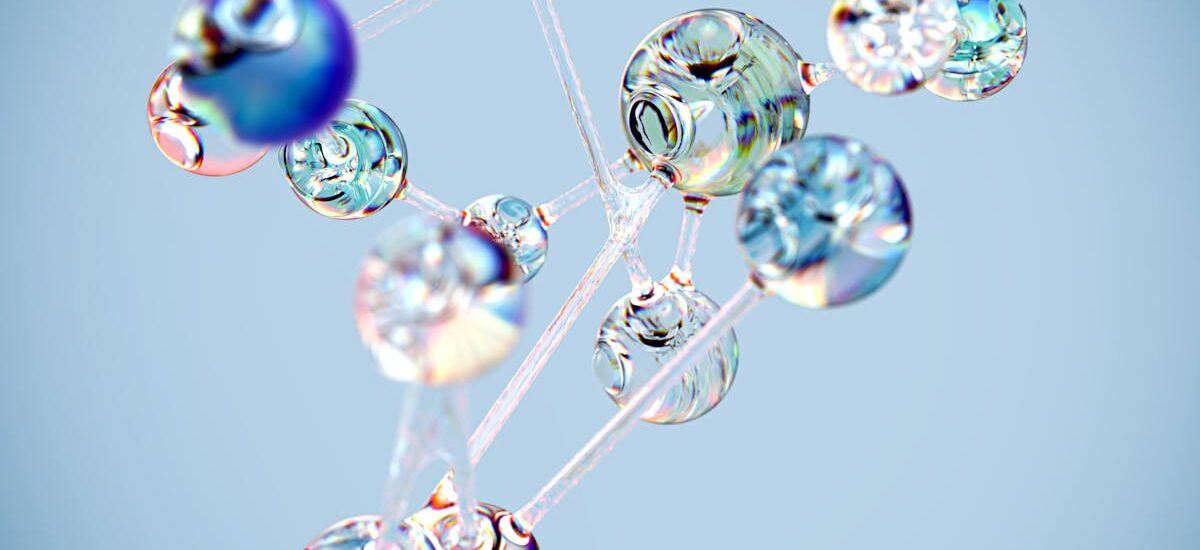 Flowing glass-like molecular structure in blue. Conceptual digital art with a tech twist.