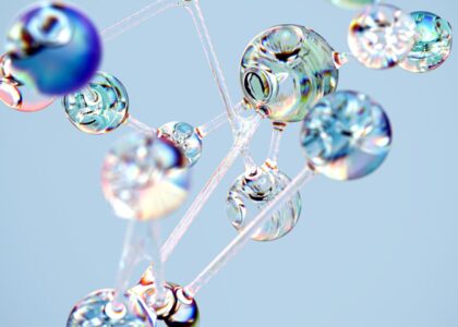 Flowing glass-like molecular structure in blue. Conceptual digital art with a tech twist.