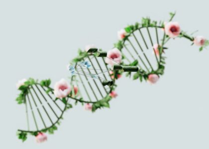 A conceptual representation of a DNA helix adorned with pink flowers and green leaves.