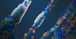 Close-up of a colorful abstract representation of DNA strands, illustrating science and genetics.