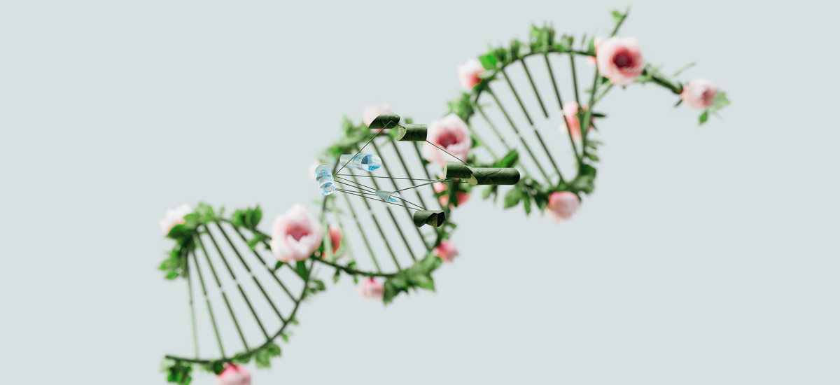 A conceptual representation of a DNA helix adorned with pink flowers and green leaves.