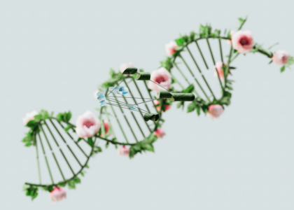 A conceptual representation of a DNA helix adorned with pink flowers and green leaves.