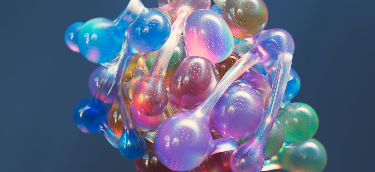 Abstract 3D representation of a colorful molecular structure, showcasing vibrant hues and artistic design.