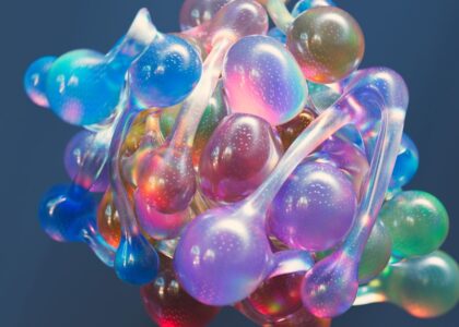 Abstract 3D representation of a colorful molecular structure, showcasing vibrant hues and artistic design.