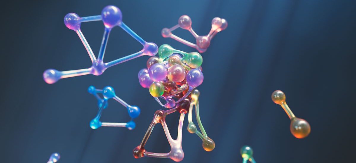 Colorful abstract representation of molecular structures with 3D spheres and connections.