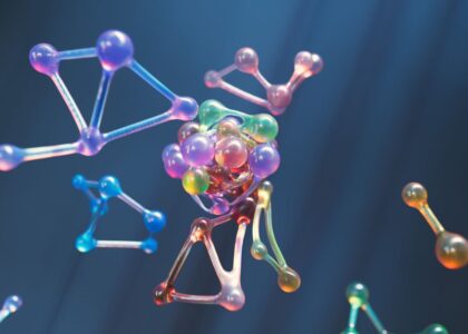 Colorful abstract representation of molecular structures with 3D spheres and connections.