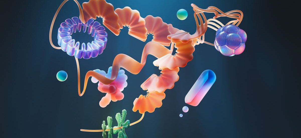 A 3D illustration of a colorful abstract molecular structure on a dark background.