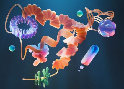 A 3D illustration of a colorful abstract molecular structure on a dark background.